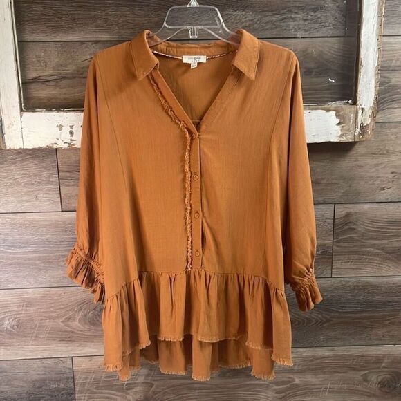 UMGEE Women's Peasant Boho Collared Frayed Edge Top Ruffled Hem Rust Size S - Picture 3 of 10